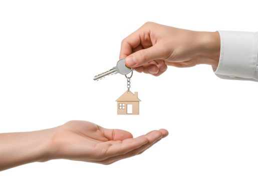 Hand giving house key with keychain to another hand isolated on transparent background