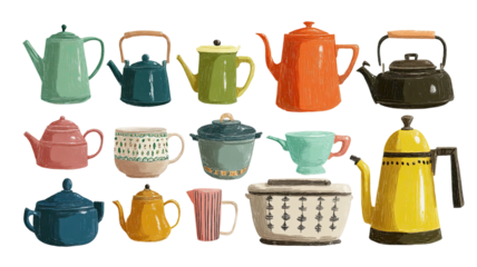 A collection of various stylized pots and kettles in different shapes and colors displayed on white background
