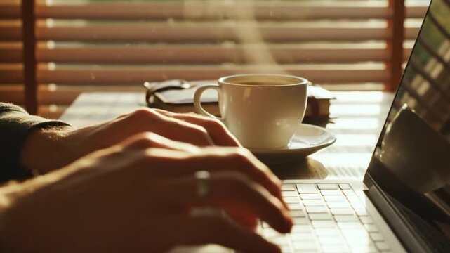 Close-up view of hands typing on a laptop keyboard on a wooden desk, soft morning sunlight streaming through window blinds, minimalistic desk setup with notebook and coffee cup.