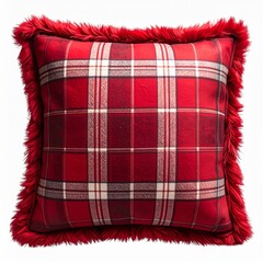 Red Plaid Square Pillow with Fringed Edges on White Background