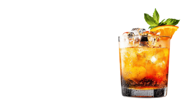 Orange cocktail with ice and mint garnish  on Transparent Background