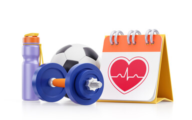 Sports Physical Scheduling: A dumbbell, a soccer ball, and a shaker bottle are placed together near a calendar with a heart symbol on its page. A 3D rendered graphic themed around sports and fitness.