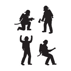 Firefighter Silhouettes Vector Illustration Set: Emergency Rescue Workers with Equipment and Poses