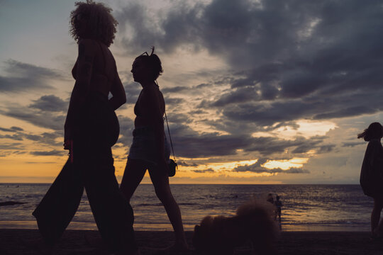 Two women walk with a small dog along the beach at sunset, their silhouettes blending with the digital glow of evening, symbolizing friendship, diversity, and modern connection to presence - Powered by Adobe