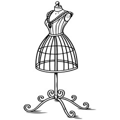 A detailed black and white line drawing of a vintage dress form, centered against a stark white background. The dress form is made of wrought iron, exhibiting an intricate filigree design. The upper p