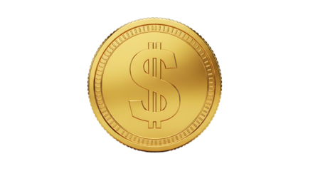 Shiny golden coin with dollar symbol and textured edge isolated on a transparent background currency