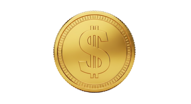 Shiny golden coin with dollar symbol and textured edge isolated on a transparent background currency