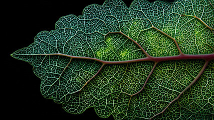 Obraz premium Hyperrealistic macro of leaf veins illuminated by backlight, revealing intricate texture, vibrant green patterns, and delicate natural details for botanical and nature visuals. 