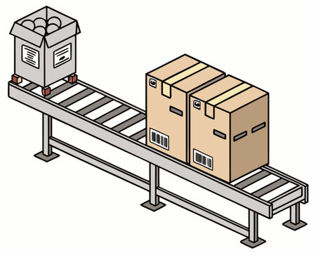 Boxes and packages moving along a conveyor belt