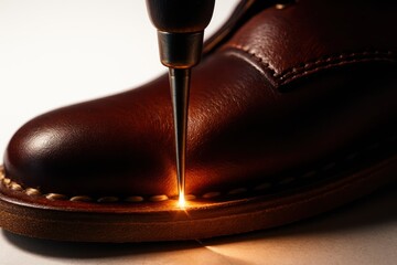 An extreme close-up of a cobbler's tool, possibly an awl or needle, creating a hot, glowing mark on the leather sole of a brown shoe, emphasizing craftsmanship and precision.