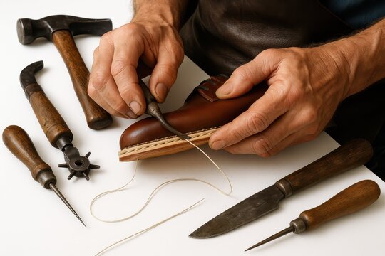 A shoemaker or cobbler meticulously hand-stitching the sole of a brown leather loafer using traditional tools like a hammer, awl, and knife in a craftsmanship close-up.