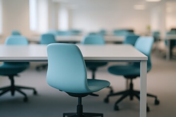 A minimalist and modern interior shot of an empty training room or office, featuring rows of white desks and bright blue chairs in a well-lit space with large windows.
