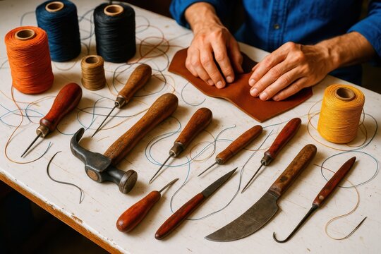 An overhead view of a cobbler's tools, various spools of colored thread, and a piece of leather laid out on a white table, showcasing the essentials for shoemaking craft.