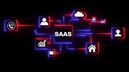  Glowing neon S A S cloud technology network diagram with icons for business growth partnership communication collaboration and cybersecurity on black background . 4k video animation  - Powered by Adobe