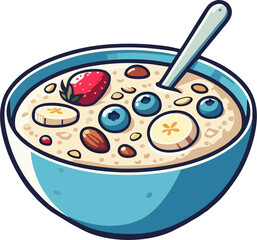 Oatmeal Bowl with Banana, Blueberry, Strawberry, Almond, Seeds, and Spoon Vector, Healthy Breakfast Flat Cartoon