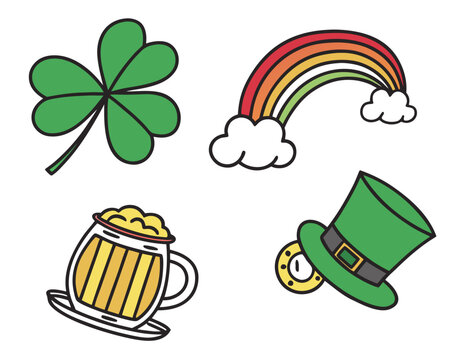 St patricks day clip art featuring shamrock, rainbow, beer, and leprechaun hat