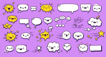 Collection of cartoon speech bubbles and stars on purple background
