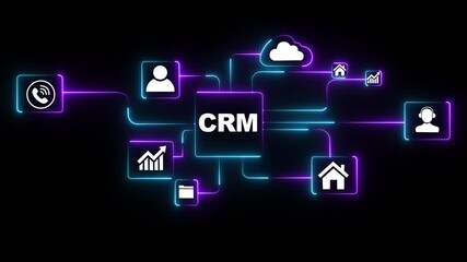 Glowing neon Cloud C R M system connecting business icons handshake phone graph growth gears human resources and cybersecurity for digital transformation and customer relationship management.4k video - Powered by Adobe