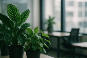 A cluster of lush green houseplants fills the foreground, providing a natural focus, with a blurred desk and chair visible through the large office window in the background.