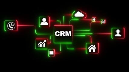 Glowing neon Cloud C R M system connecting business icons handshake phone graph growth gears human resources and cybersecurity for digital transformation and customer relationship management.4k video - Powered by Adobe