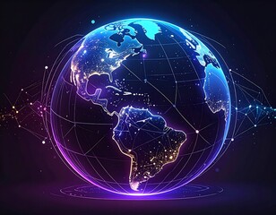 Glowing digital globe with continents highlighted against dark backdrop