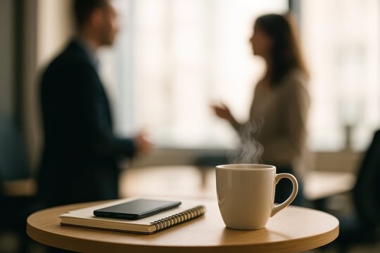 A steaming coffee mug, a notebook, and a smartphone rest on a small table in the foreground, with two blurred colleagues chatting by a bright window in the background.