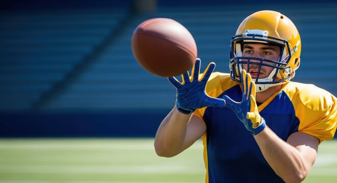 A male American football player in a blue and yellow uniform with gloves and a helmet is intensely focused on catching the brown football in the air in a large stadium.