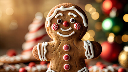 Gingerbread Man, festive icing and candies, warm cozy lighting, shallow depth, cheerful expression, textures, Christmas decorations, joyful, vibrant, holiday atmosphere generative AI