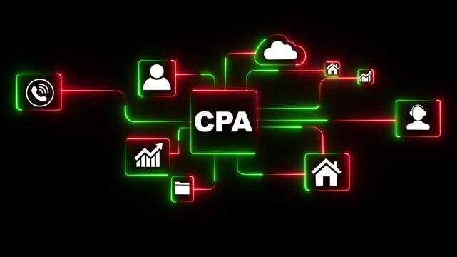 Glowing neon ,CPA cloud network connecting business growth on black background .handshake communication technology and team collaboration with cybersecurity threat icon. 4k video animation ,