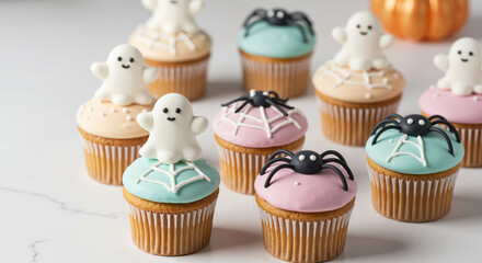 Halloween-themed cupcakes with ghost and spider decorations  