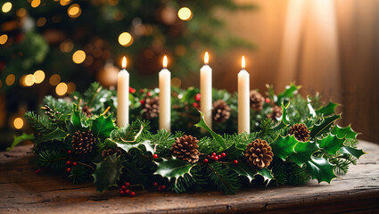 Advent Wreath, lush greenery, four glowing candles, pinecones, holly, warm golden light, rustic table, cozy, serene, festive, peaceful Christmas atmosphere generative AI
