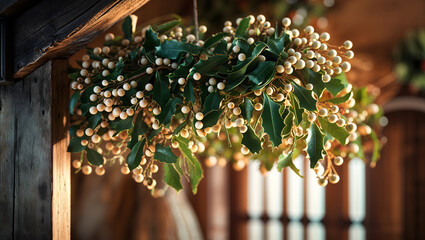 Mistletoe, dense green leaves, white berries, rustic beam, cozy warm light, romantic, intimate atmosphere, shallow depth, textures, traditional symbolism, festive generative AI