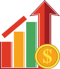 Red arrow rising over colorful bars and gold coin upward