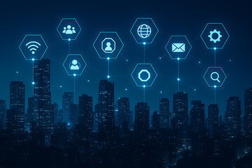 Smart city concept with digital icons connected over skyline representing global network communication and technology