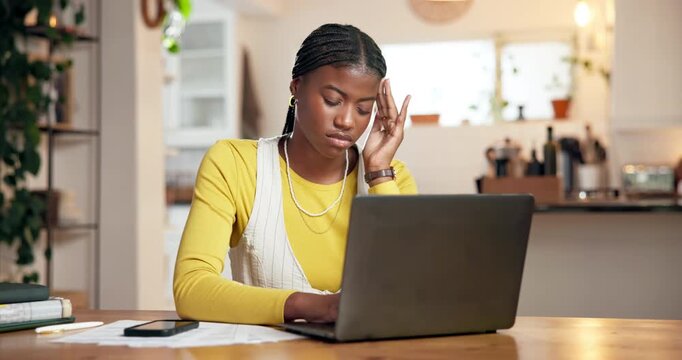 Black woman, laptop and student with headache in home with fatigue, stress and elearning deadline. African person, computer and migraine with pain, burnout or tired with college project at house