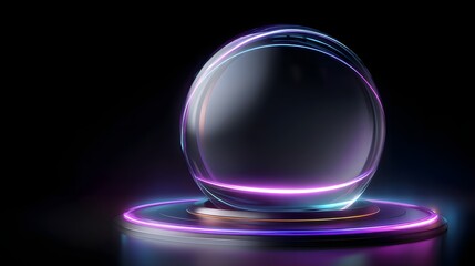 Futuristic hologram dashboard with glowing sphere, smooth black-to-purple gradient background and cinematic neon lighting for modern tech, AI, and innovation visuals