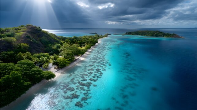 Aerial view of tropical island lagoon with vibrant aqua and neo-mint tones, lush greenery, coral reef, and sunlight piercing soft clouds, perfect for travel backgrounds.