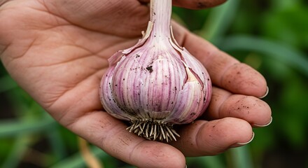 Close up of a hand holding a fresh garlic bulb against a blurred backdrop