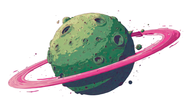 A cartoon planet with green cratered surface and pink ring floating in colorful cosmic space style on white background