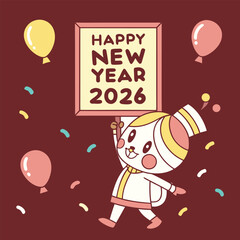 Happy New Year 2026 cute character celebration. Funny mascot holding sign on maroon