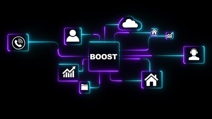 Neon Cloud technology boost concept with handshake graph phone gears and people icons connected to central cloud network digital transformation business growth strategy, 4k video animation - Powered by Adobe