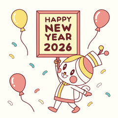 Happy New Year 2026 cute character celebration. Funny mascot holding sign.