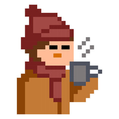 Obraz premium Boy Drinking Hot Coffee Pixel Art