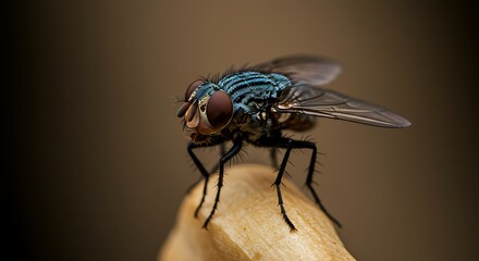 Close up of a housefly with iridescent body and detailed insect anatomy