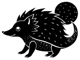 Stylized black silhouette of a hedgehog with a dotted moon isolated on white background