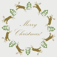 Christmas greeting card with golden running deers and green fir trees silhouettes in circle frame, lettering, vector illustration