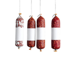 Three sausages hanging on a line three sausages hang from a line part of extended row of similar hanging sausages
