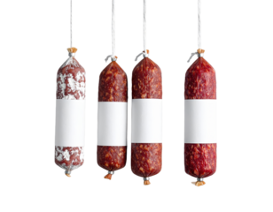 Three sausages hanging on a line three sausages hang from a line part of extended row of similar hanging sausages