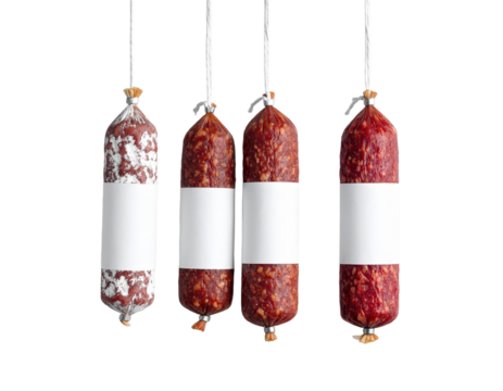Three sausages hanging on a line three sausages hang from a line part of extended row of similar hanging sausages