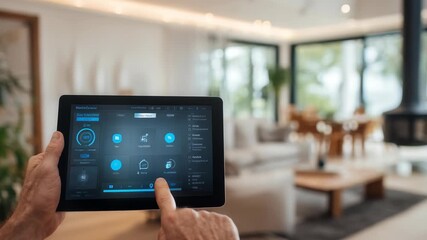 Modern smart home automation system interface displayed on a digital tablet in a stylish living room. User controls lighting, security, and climate settings with advanced technology features - Powered by Adobe
